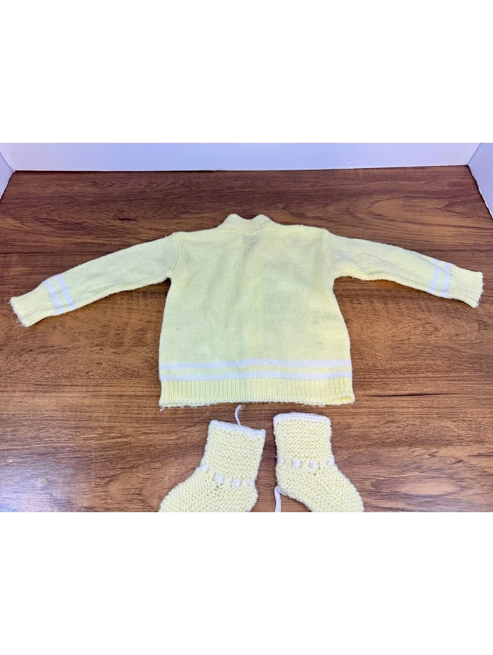 Vintage Yellow Baby Cardigan & Knit Booties Set 6-12M Orlon Acrylic White Stripe